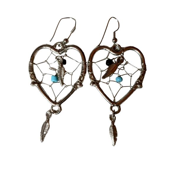🌵 Vintage Dream Catcher Earrings Heart Turquoise Feather Drop Southwest Boho 3" - Picture 4 of 10